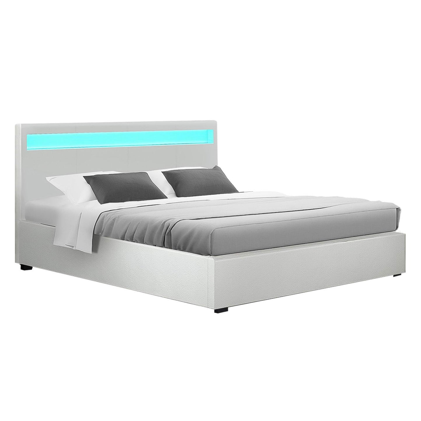 Cole Artiss Double Size Gas Lift Bed Frame with LED – White Upholstered Base