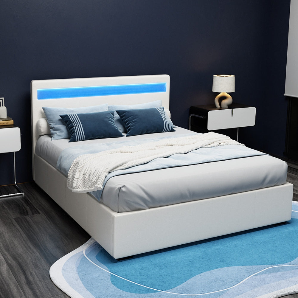 Cole Artiss Double Size Gas Lift Bed Frame with LED – White Upholstered Base