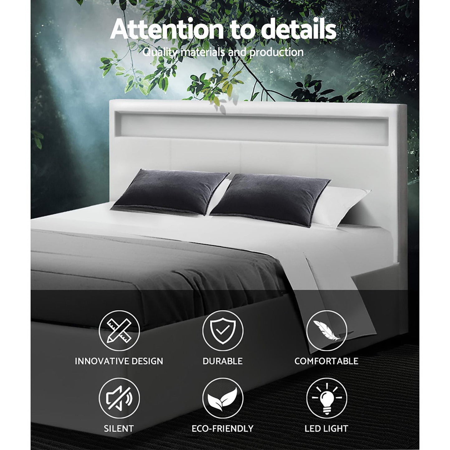 Cole Artiss Double Size Gas Lift Bed Frame with LED – White Upholstered Base