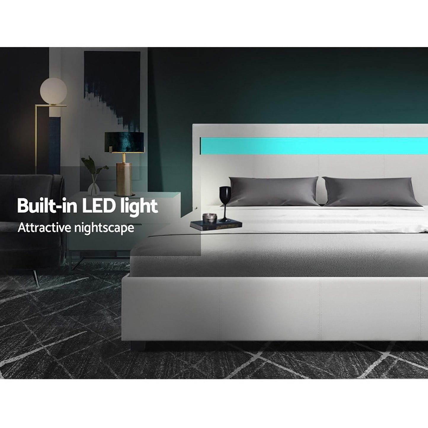 Cole Artiss Double Size Gas Lift Bed Frame with LED – White Upholstered Base