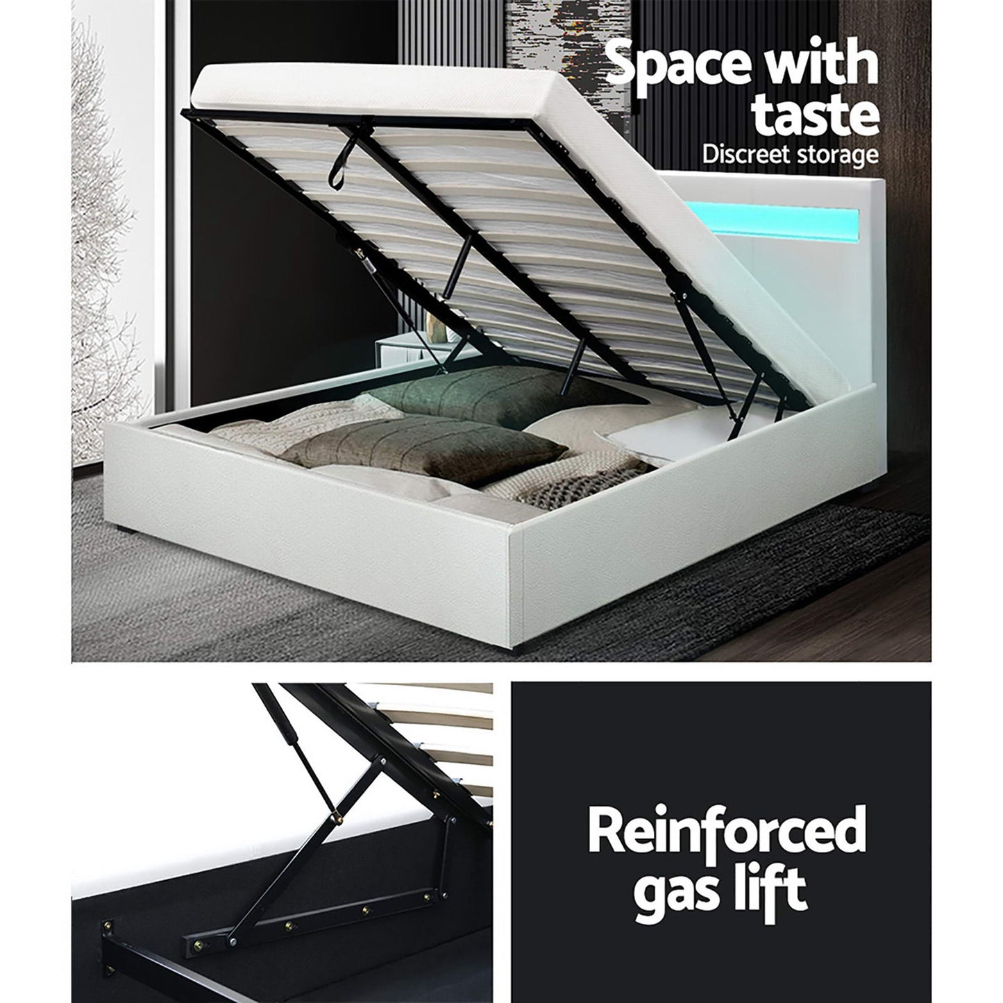 Cole Artiss Double Size Gas Lift Bed Frame with LED – White Upholstered Base