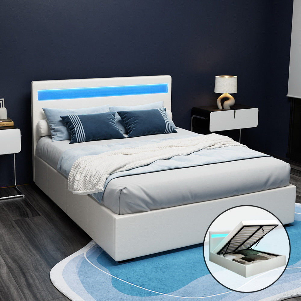 Cole Artiss Double Size Gas Lift Bed Frame with LED – White Upholstered Base