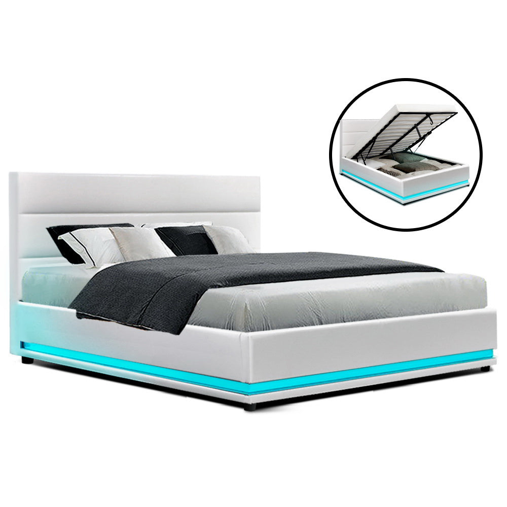 Lumi Artiss Double Size Gas Lift Bed Frame with LED – White Upholstered Base