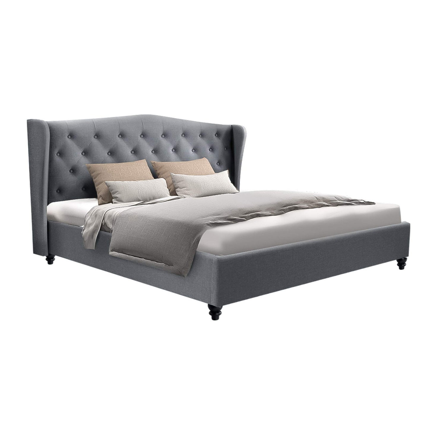 Pier Artiss King Size Bed Frame – Grey Fabric Upholstered Platform