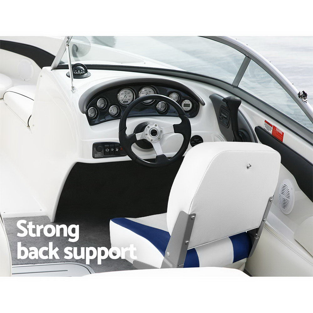 Seamanship 2x Folding Boat Seats – Marine Swivel Chairs Low Back 13cm Padded (White/Blue)