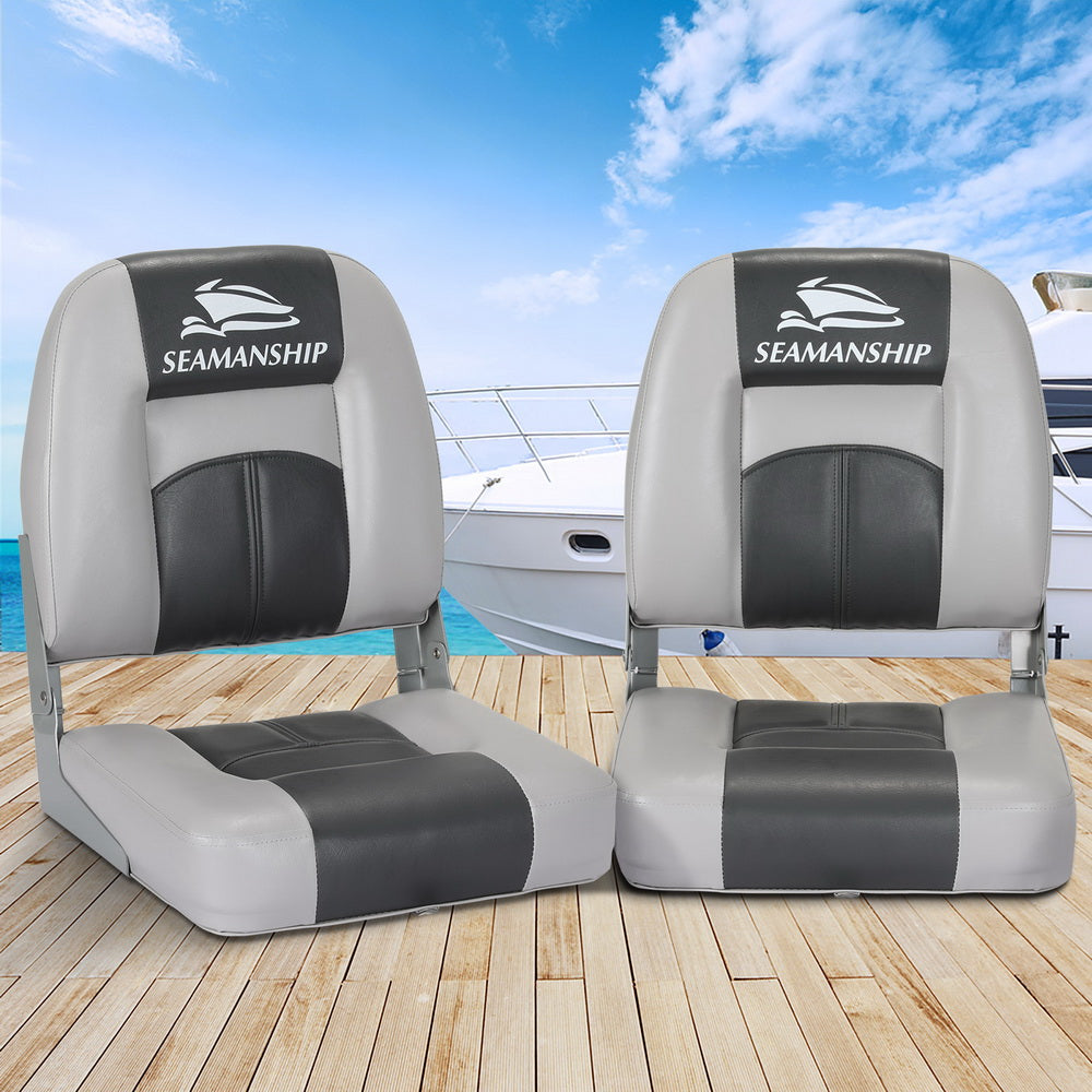 2X Seamanship Folding Boat Seats Marine Swivel Low Back 10cm Padding Charcoal