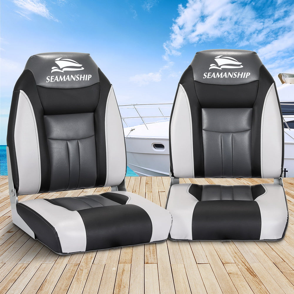 Seamanship 2X Folding Boat Seats – Marine Swivel High Back 12cm Padding (Black)