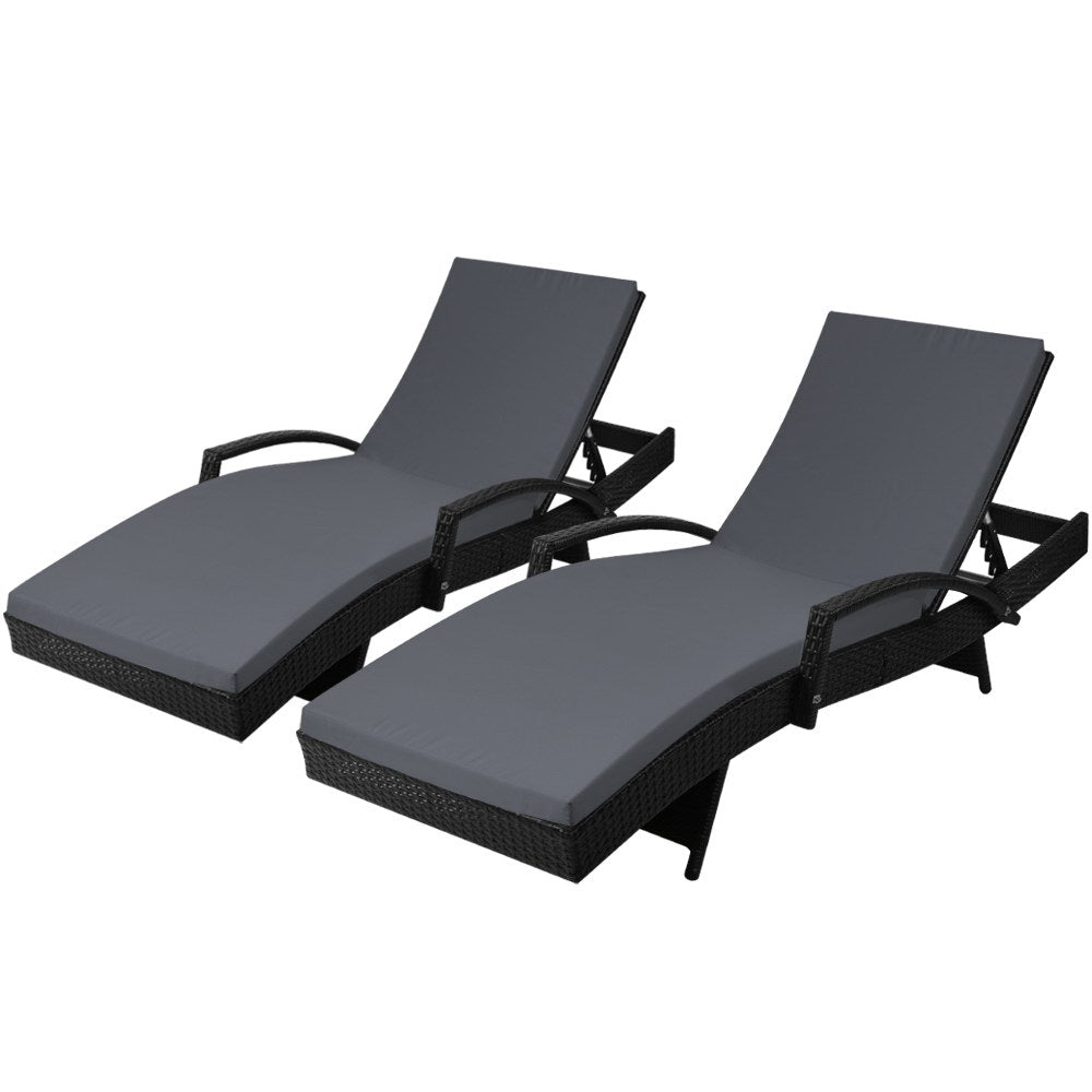 Gardeon 2PC Sun Lounge Set – Black Wicker Adjustable Outdoor Loungers with Cushions