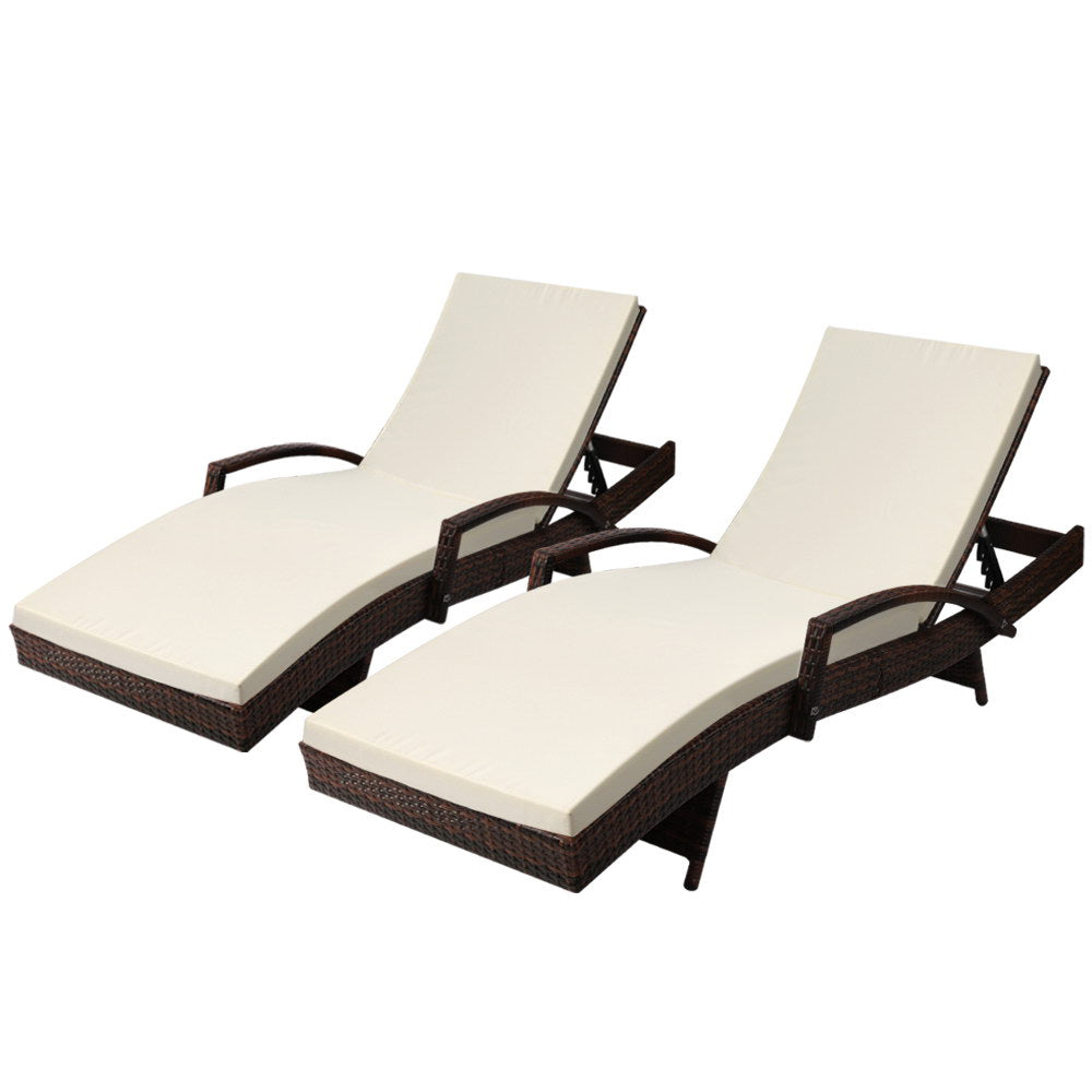 Gardeon 2PC Wicker Sun Lounges – Adjustable Outdoor Beach Chairs with Cushion (Brown)