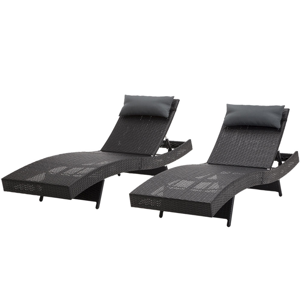 Gardeon 2PC Sun Lounge Set – Black Wicker Adjustable Outdoor Beach & Garden Loungers