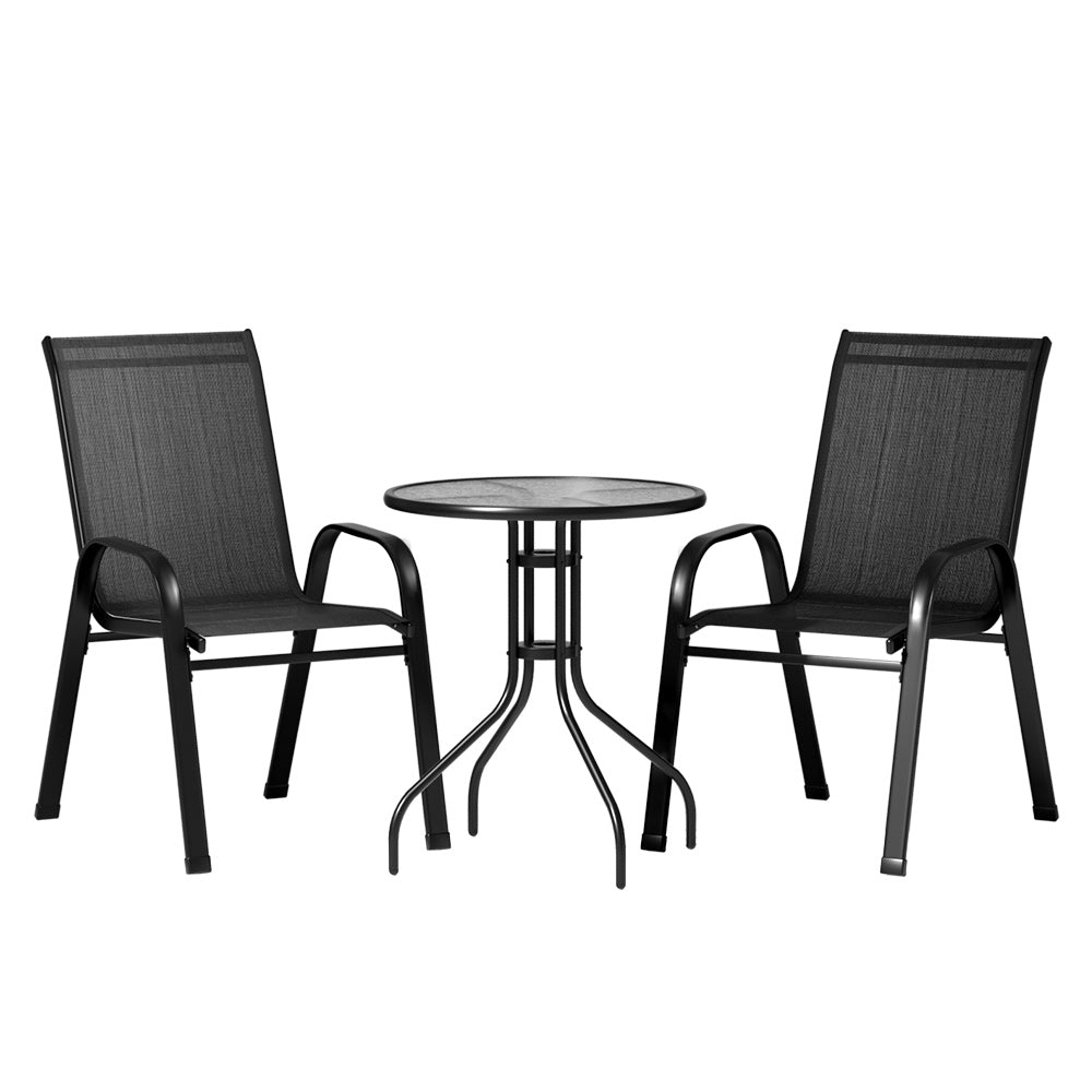 Gardeon 3PC Outdoor Bistro Set – Stackable Black Table & Chairs Patio Furniture