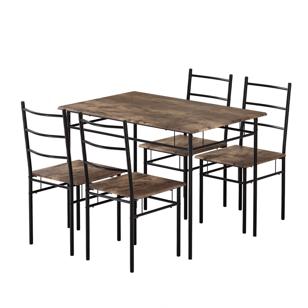 Artiss 5PCS Dining Table Set – Industrial Wooden & Metal Chairs + Table (Walnut)