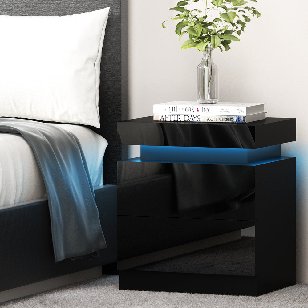 Coley Artiss LED Bedside Table – Black with 2 Drawers & Lift-up Storage