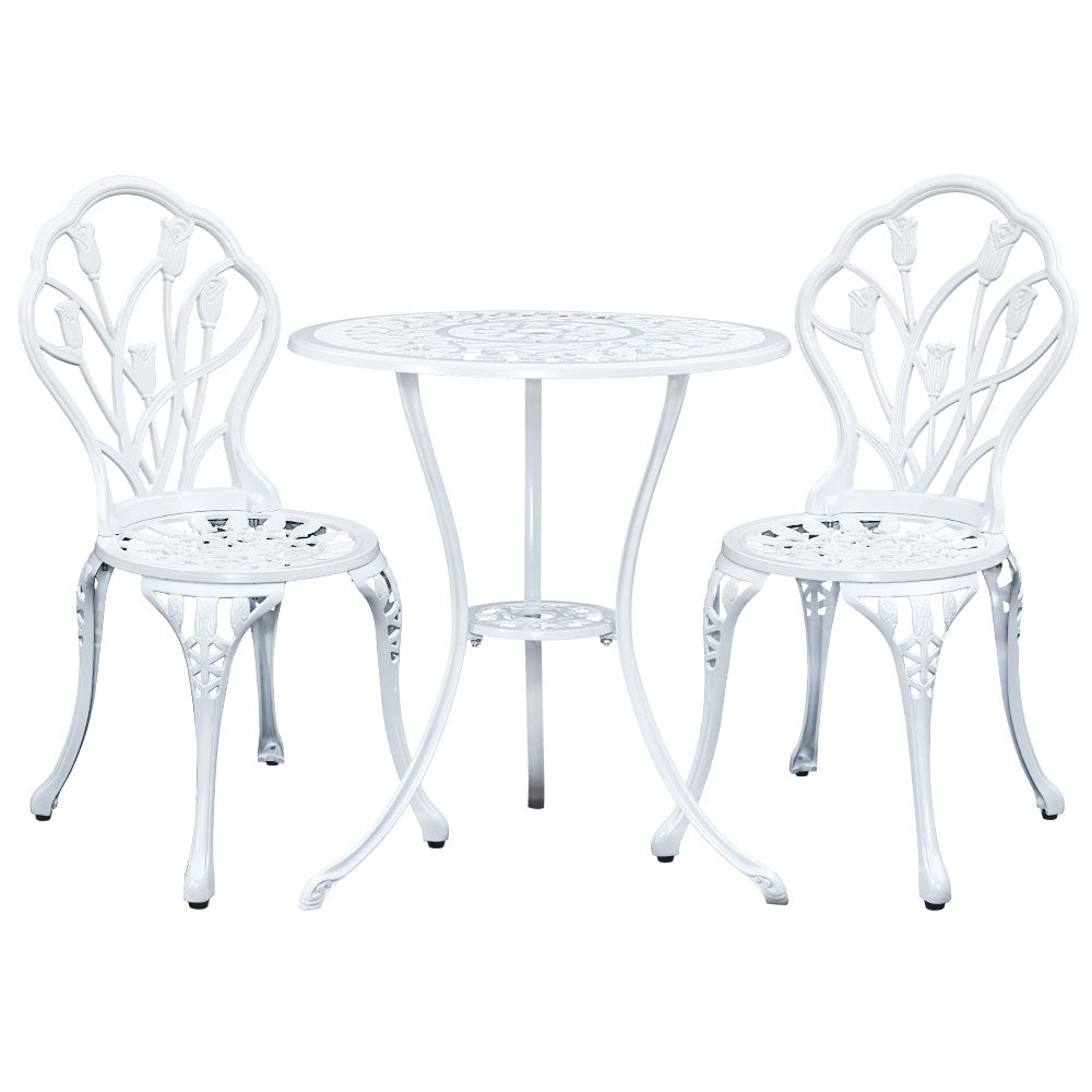 Gardeon 3PC Outdoor Bistro Set – White Cast Aluminium Chairs & Table with Tulip Design