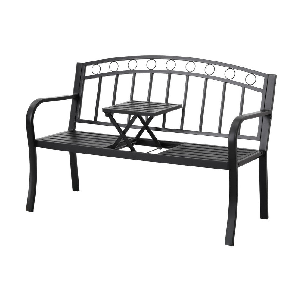 Gardeon Outdoor Garden Loveseat Bench – Black Steel Seat with Foldable Table