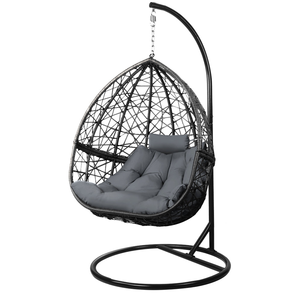 Gardeon Outdoor Egg Swing Chair – Grey Wicker Rattan Pod with Stand & Cushion