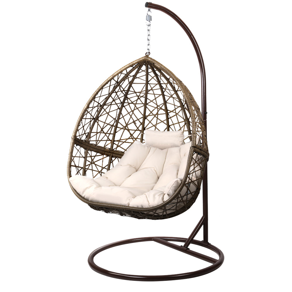 Gardeon Outdoor Egg Swing Chair – Latte Wicker Rattan Pod with Cushion & Stand
