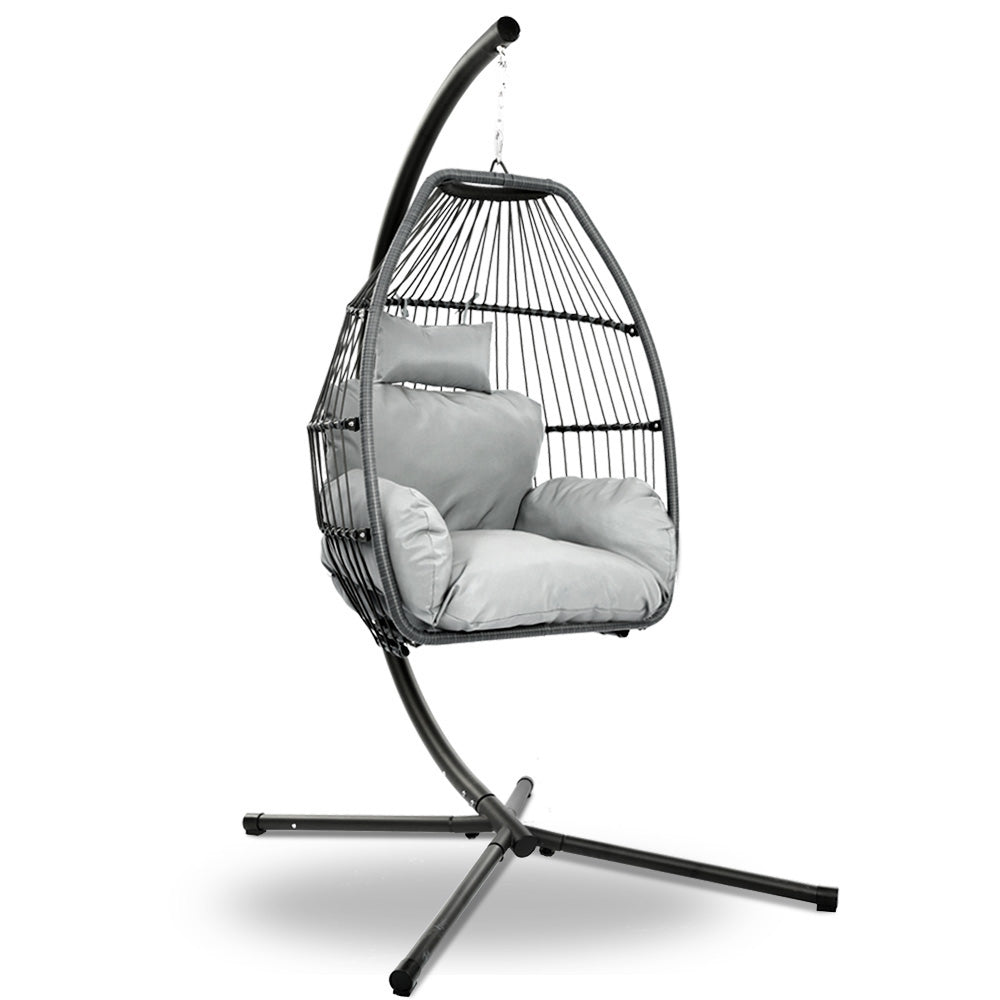 Gardeon Outdoor Egg Swing Chair – Grey Wicker Rope Pod with Stand & Cushion
