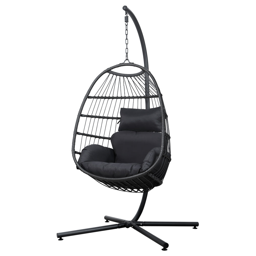 Gardeon Outdoor Egg Swing Chair – Foldable Grey Wicker Rope Pod with Stand