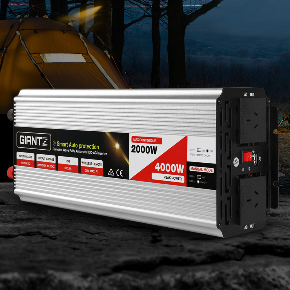Giantz 2000W/4000W Pure Sine Wave Power Inverter – 12V to 240V for Camping, Boat, Caravan