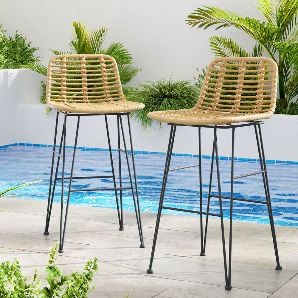 Gardeon 2x Outdoor Bar Stools – Natural Rattan Patio Chairs