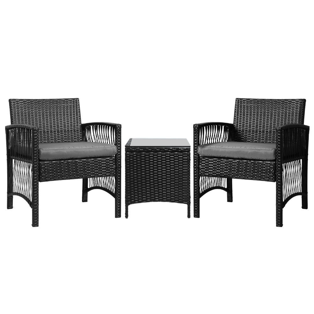 Gardeon 3PC Outdoor Bistro Set – Black Wicker Chairs & Table with Cushions