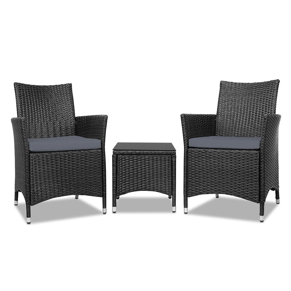 Gardeon 3-Piece Outdoor Bistro Set – All Black Wicker Chairs & Table with Cushions