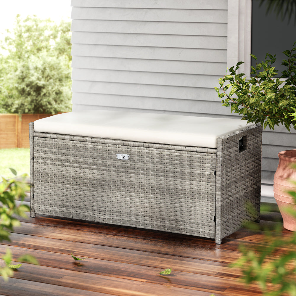 Gardeon Outdoor Storage Bench Box – Grey Wicker Garden Seat for Tools & Cushions