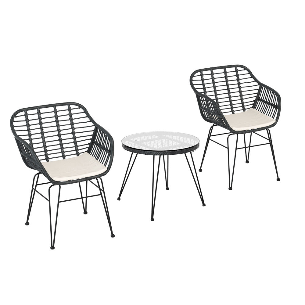 Gardeon 3PC Outdoor Bistro Set – Grey Patio Table & Chairs with Cushions