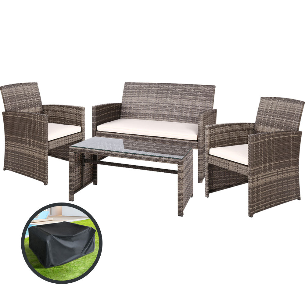 Gardeon 4PCS Outdoor Sofa Set – Grey Rattan Chairs with Table & Storage Cover