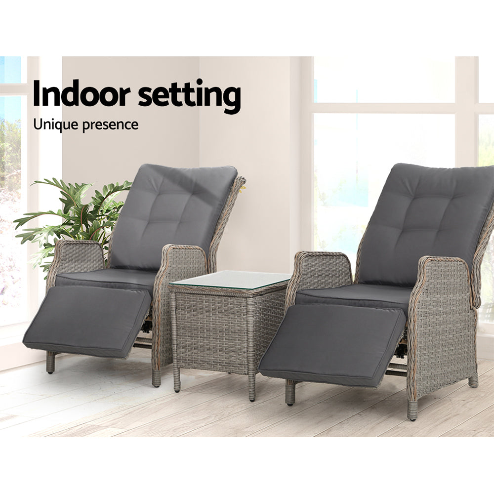 Gardeon 3PC Outdoor Recliner Set – Adjustable Grey Wicker Sun Lounges with Table