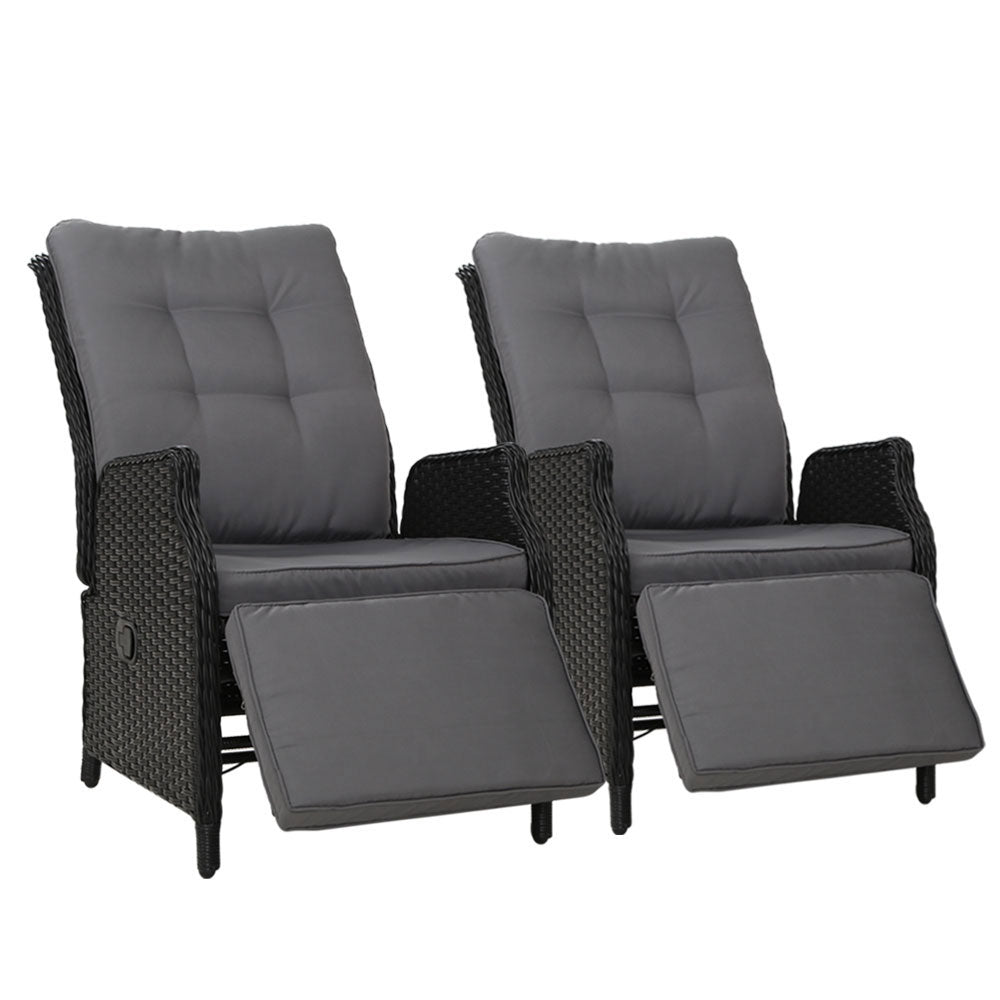 Gardeon 2PC Recliner Sun Lounges – Adjustable Wicker Outdoor Chairs (Black)