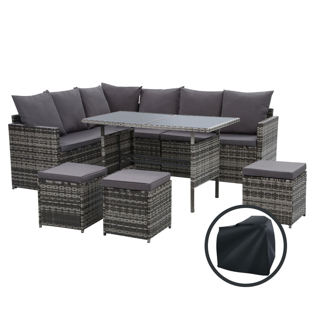 Gardeon Outdoor Dining Sofa Lounge Set – Grey Chairs, Table, Ottoman & Protective Cover