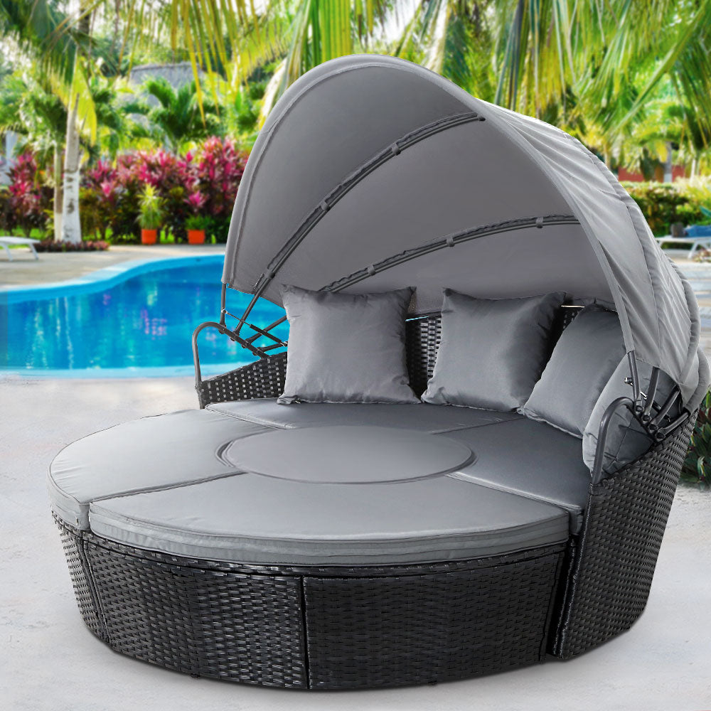 Gardeon Wicker Sun Lounge Day Bed – Black Outdoor Patio Lounger Furniture