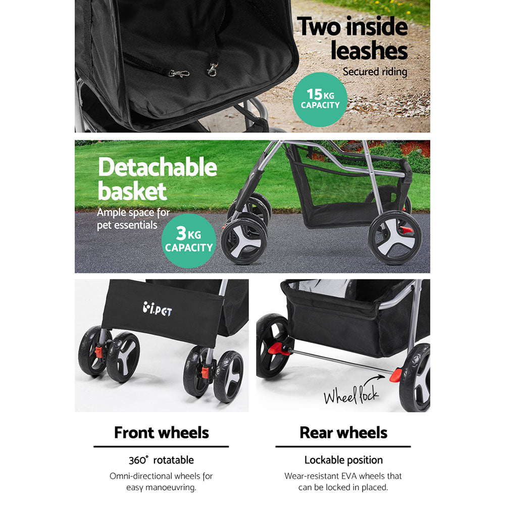 i.Pet 4-Wheel Pet Stroller – Black Foldable Dog & Cat Travel Carrier