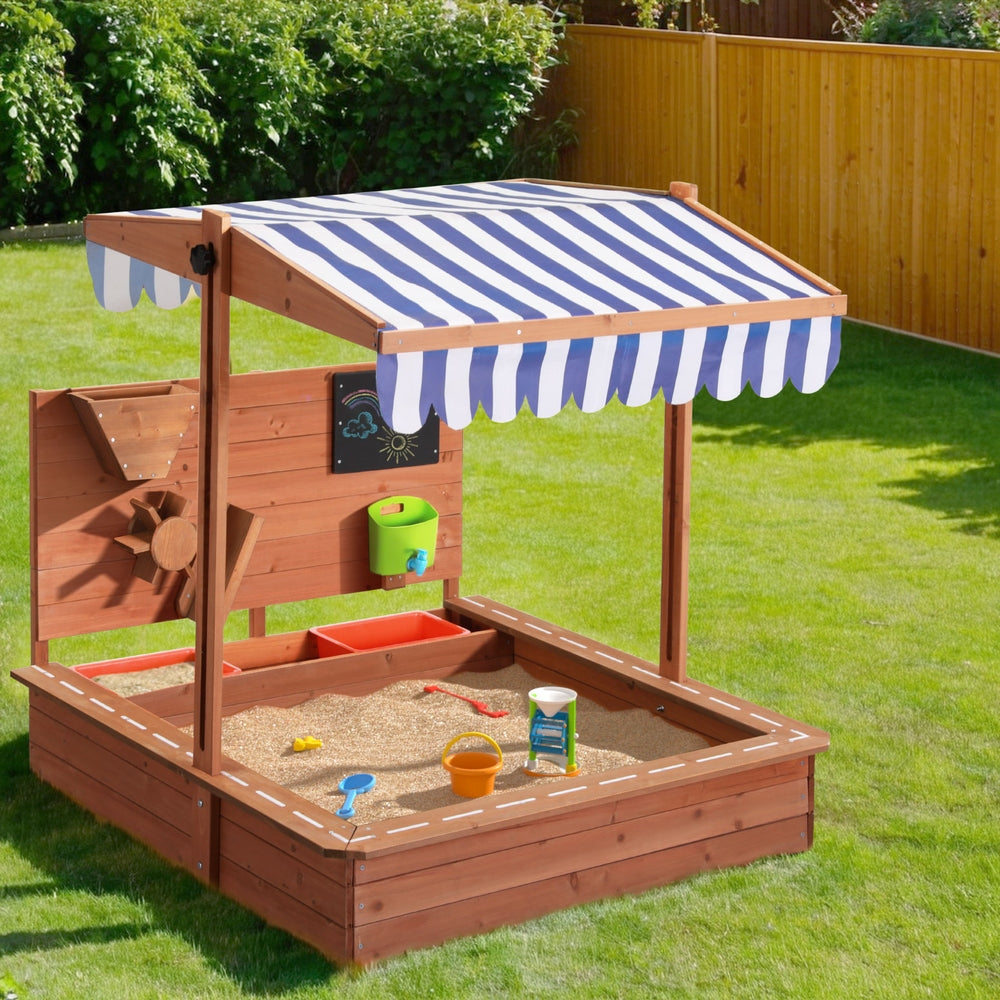 Keezi Kids Wooden Sandpit – 110cm Outdoor Sandbox with Canopy, Cover & Funnel