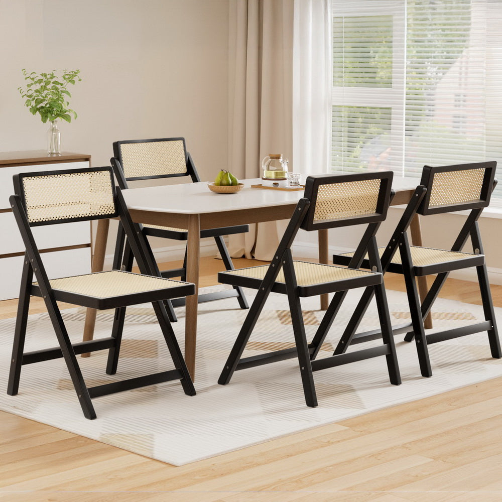 Artiss 4x Dining Chairs Wooden Rattan Foldable Black