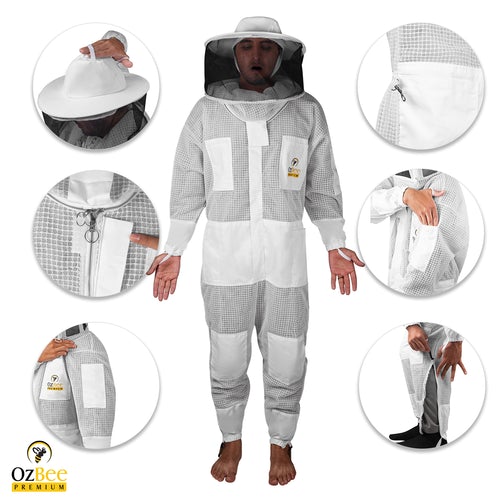 OZBee Premium Full Suit 3 Layer Mesh Ultra Cool Ventilated Round Head Beekeeping Protective Gear Size 5XL