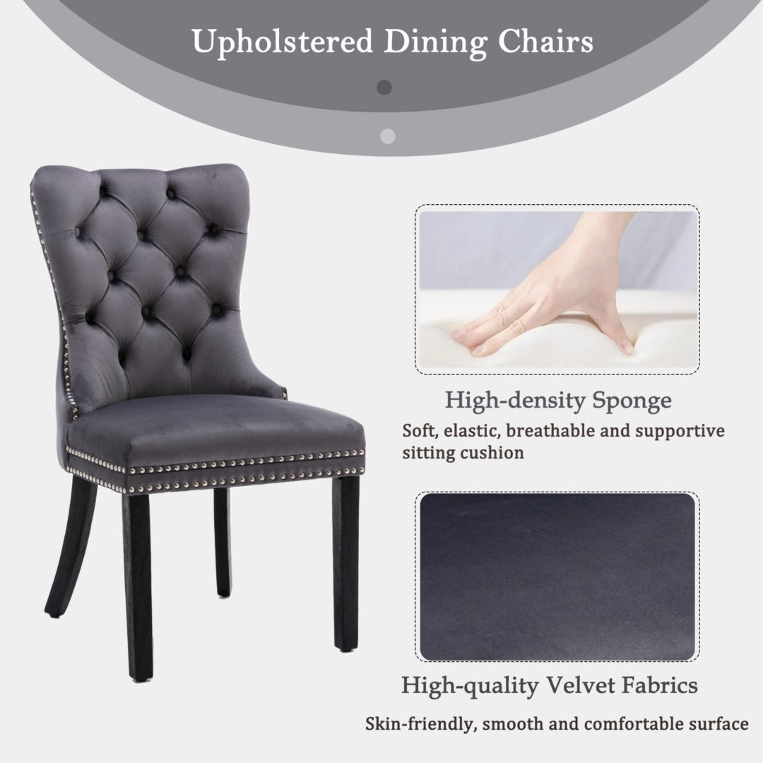 Prestigious Homeware™ Set of 8 Velvet Tufted Dining Chairs – Grey Upholstered with Wood Legs & Stud Trim