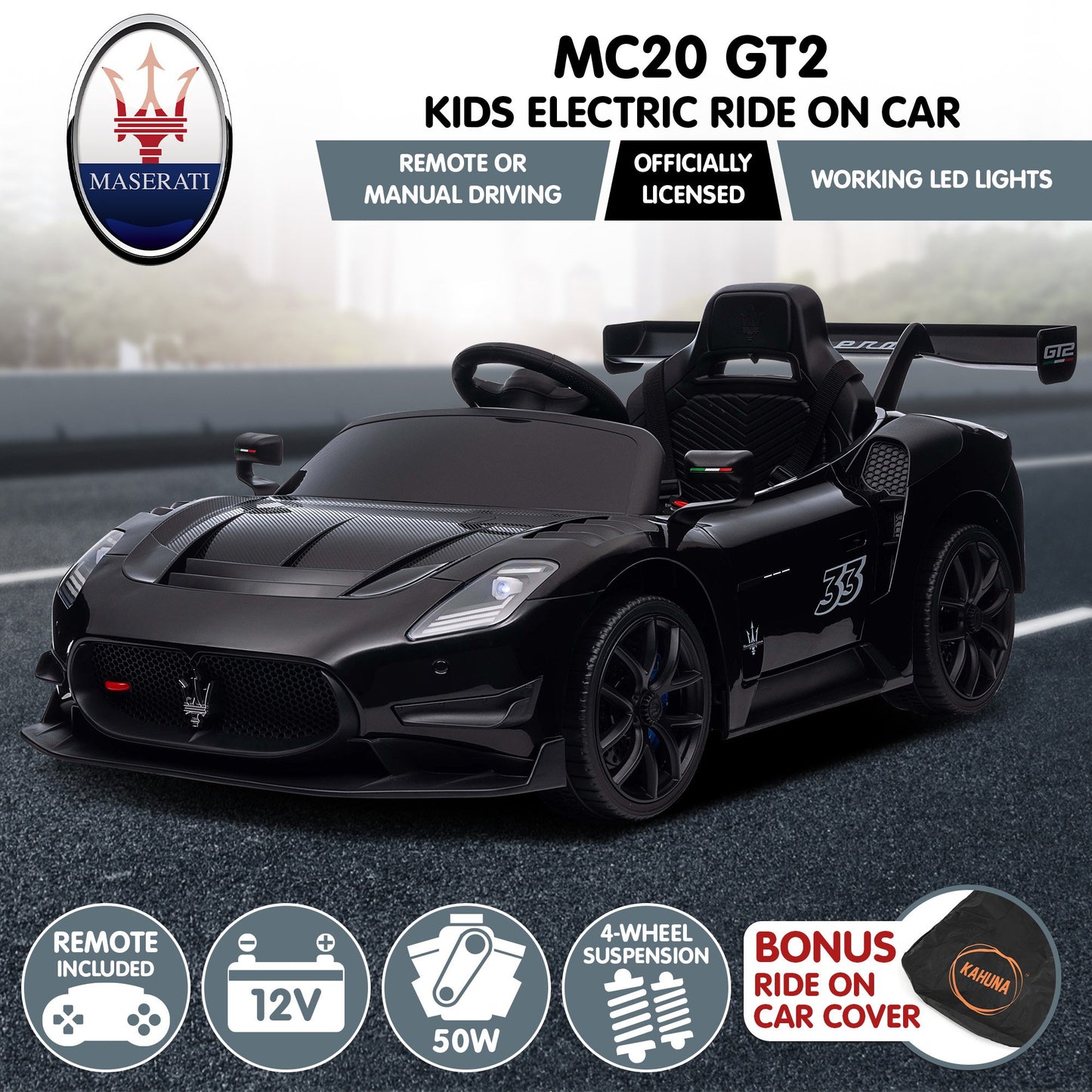 Kahuna Maserati MC20 GT2 Licensed Kids Electric Ride-On Race Car – Black 12V with Remote