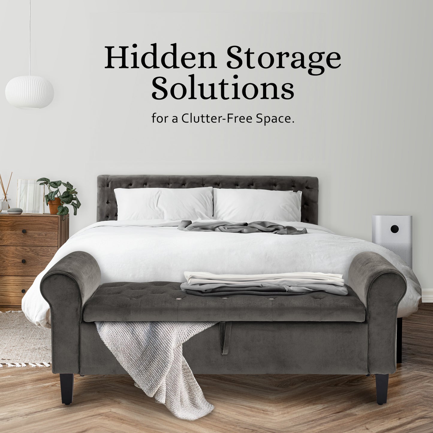 132cm Velvet Storage Ottoman Bench – Grey Upholstered Arm Stool with Hidden Compartment