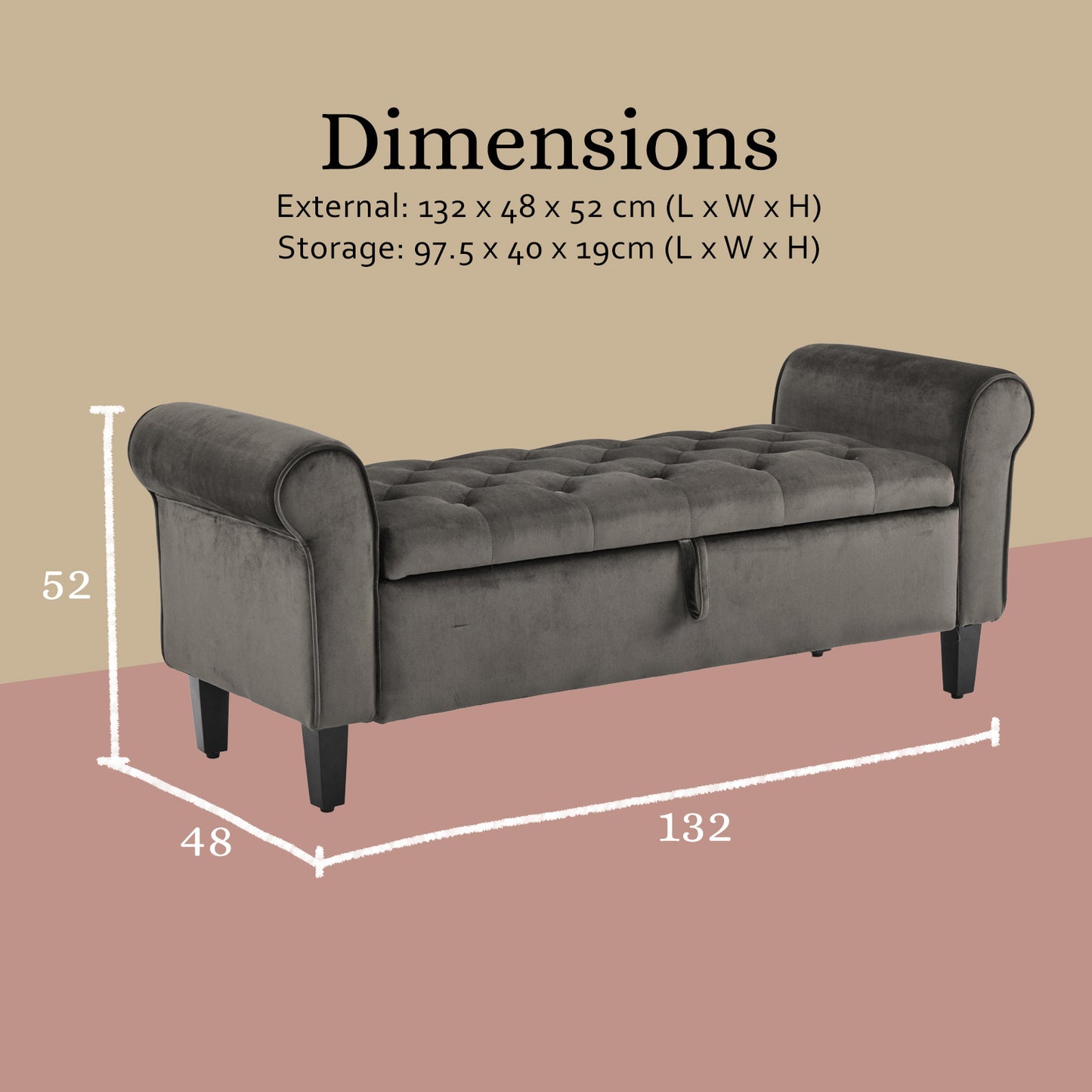 132cm Velvet Storage Ottoman Bench – Grey Upholstered Arm Stool with Hidden Compartment