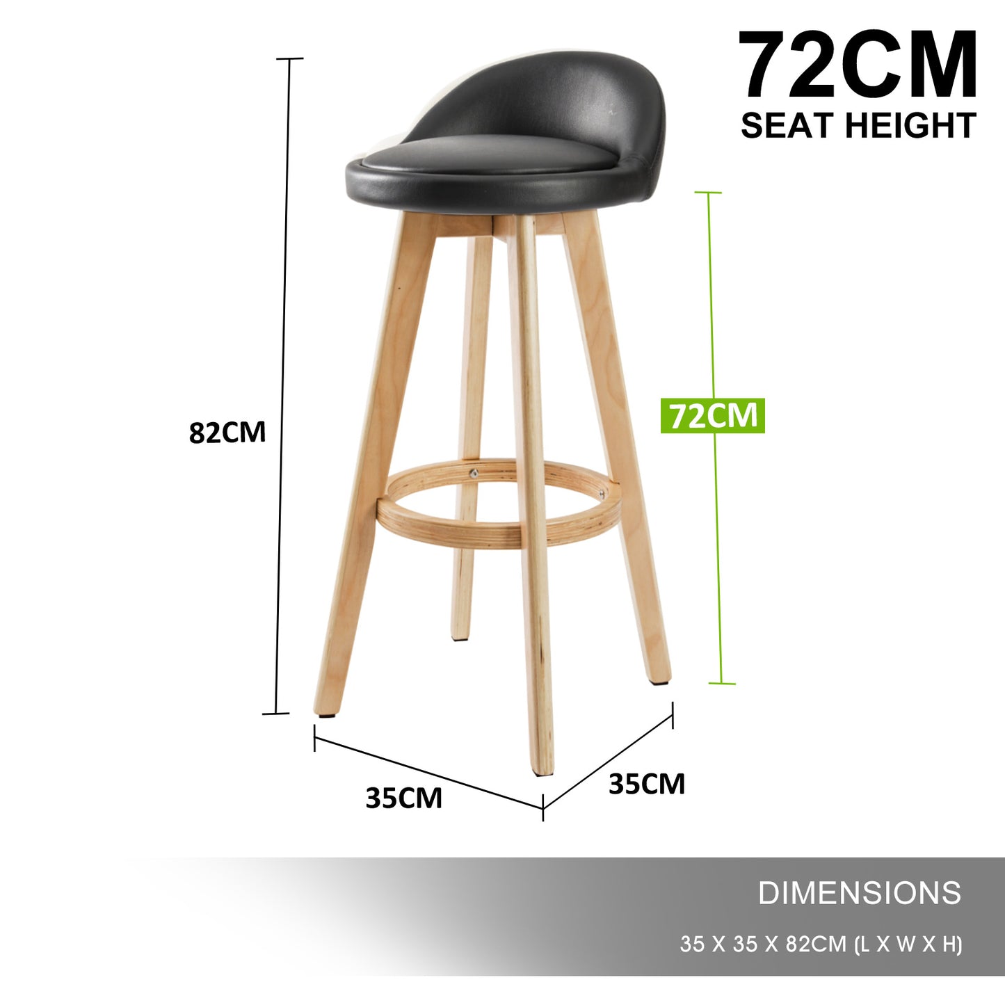 Braneit™ Set of 4 LEILA 72cm Wooden Bar Stools – Black Faux Leather Dining Chairs