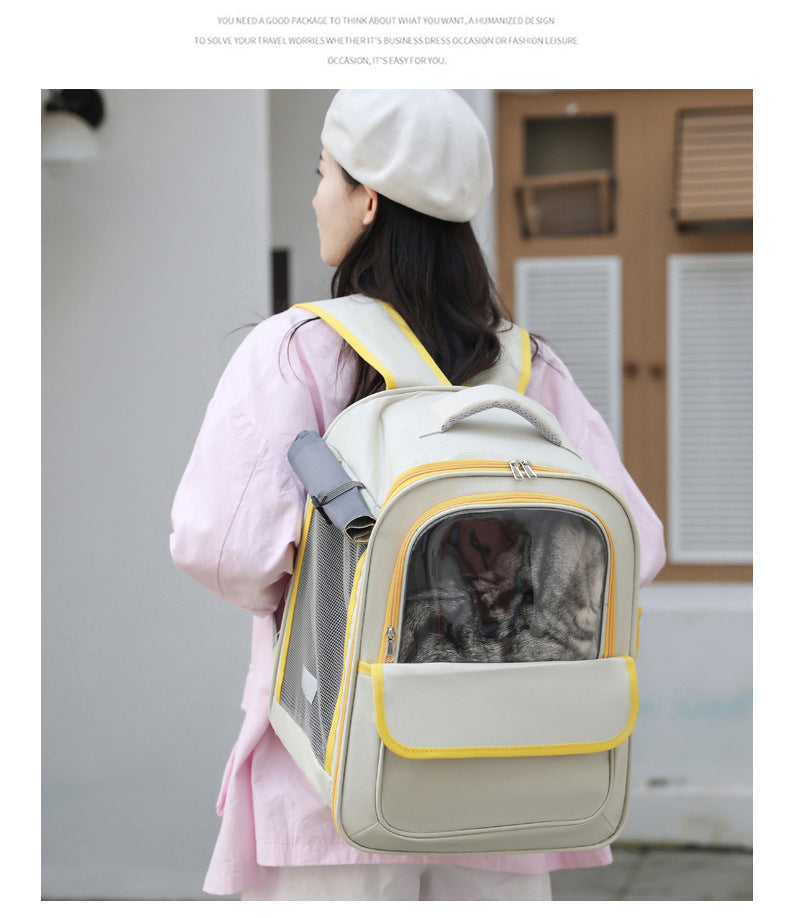 Beige And Yellow Spacious Pet Carrier Backpack with Clear Window - Comfortable Travel Bag for Cats & Small Dogs