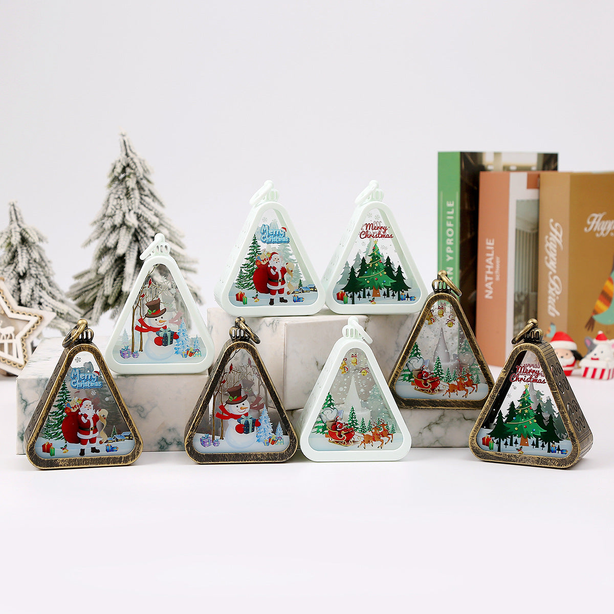 Bronze color Christmas tree Charming Christmas Scene Mini Lanterns (Set of 3) - Battery Operated LED Lights for a Cozy Holiday Glow