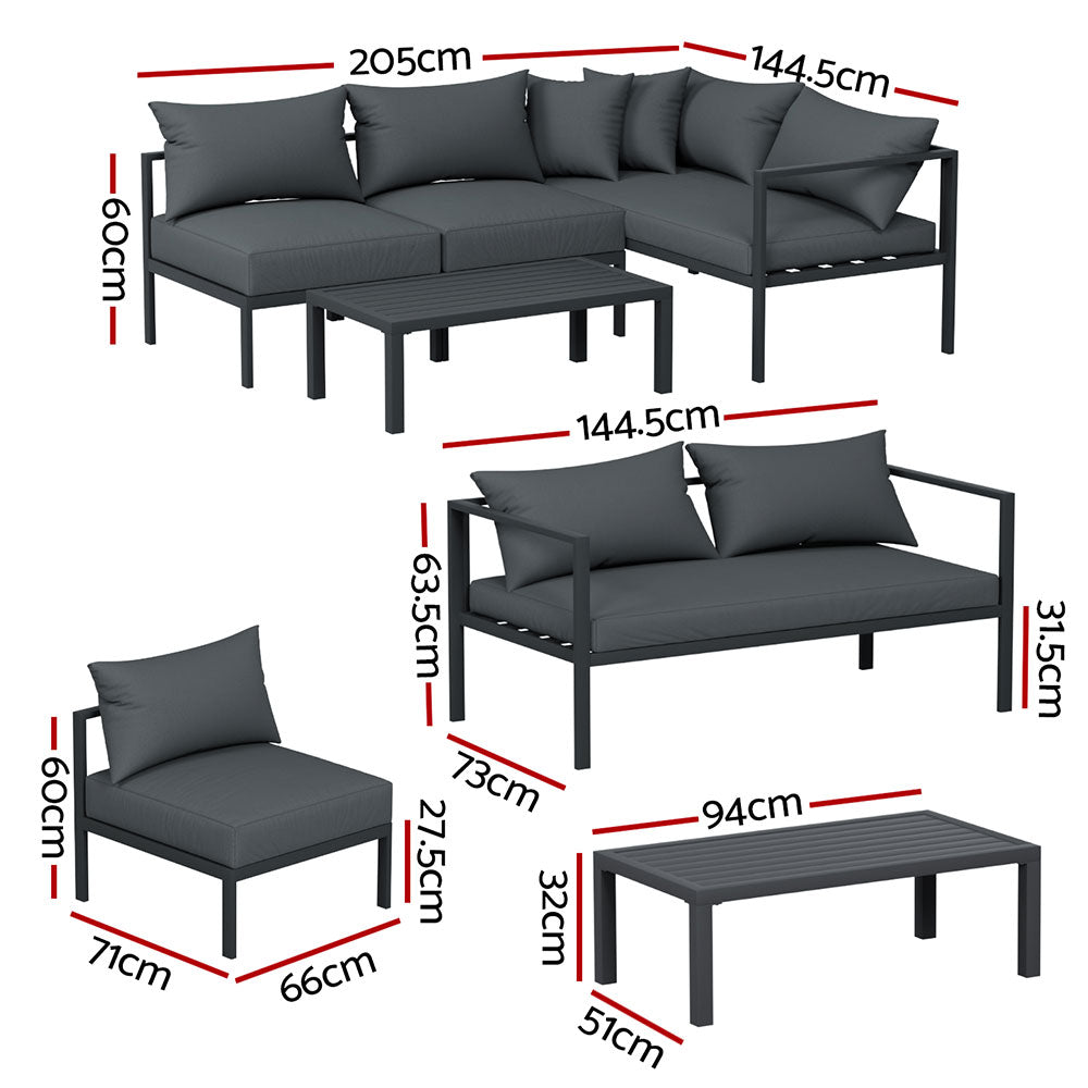 Gardeon | 4PC Outdoor Sofa Set – Charcoal Aluminium Patio Furniture for 4 Seater Lounge