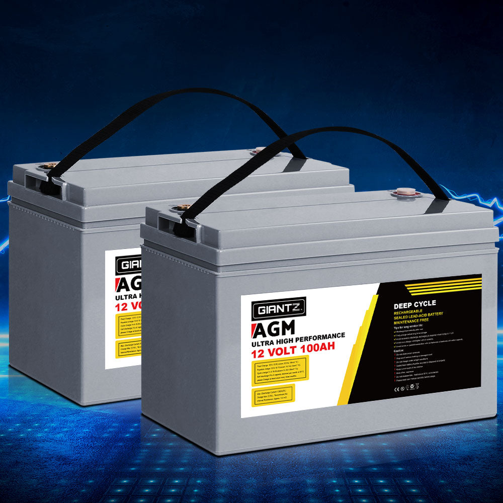 Giantz 2x 12V 100Ah AGM Deep Cycle Batteries + Power Box – Solar, Caravan & Camping Kit
