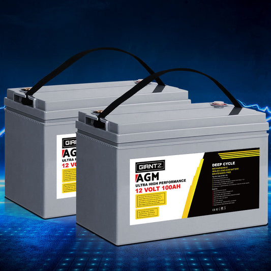 Giantz 2x 12V 100Ah AGM Deep Cycle Batteries + Power Box – Solar, Caravan & Camping Kit