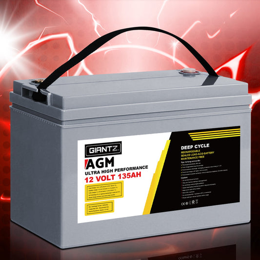 Giantz 12V 135Ah AGM Deep Cycle Battery with Box – Solar & Camping Power for Caravan, RV