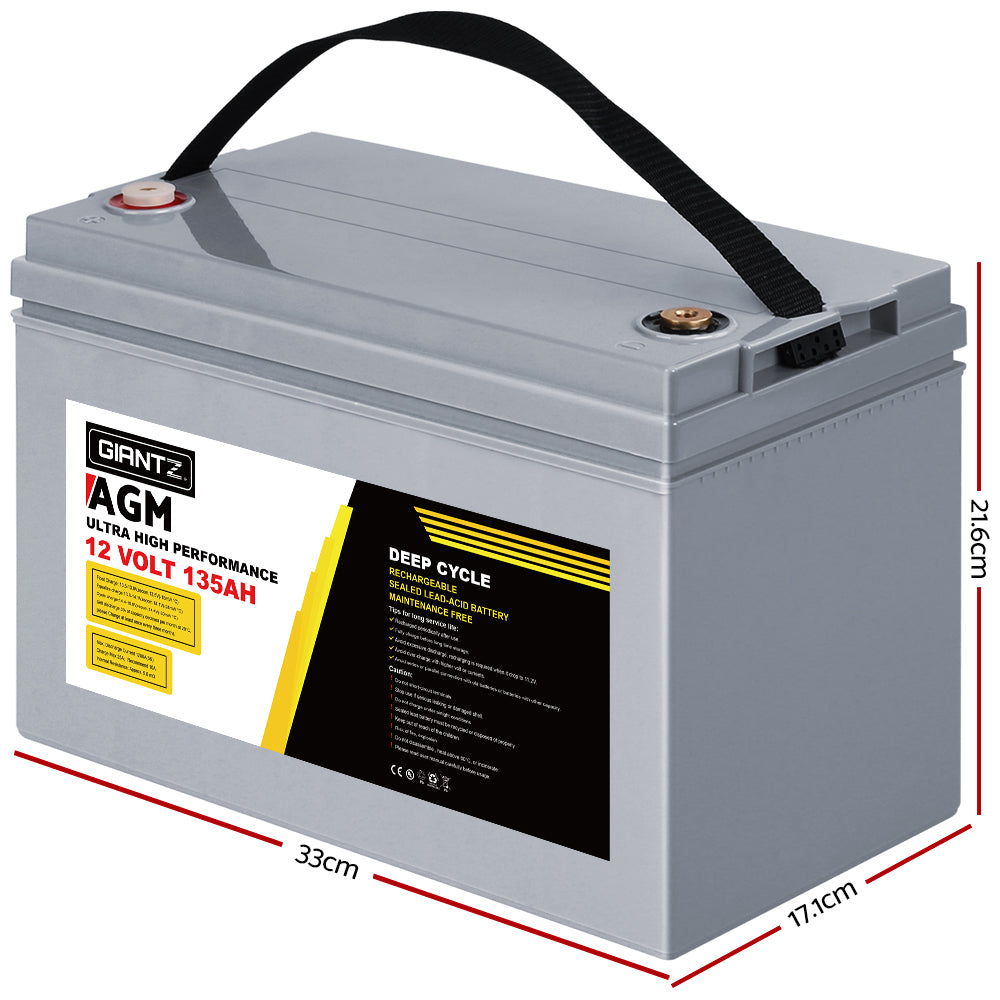 Giantz 12V 135Ah AGM Deep Cycle Battery with Box – Solar & Camping Power for Caravan, RV